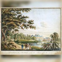 Gezicht op de achtergevel van het paleis Soestdijk te Baarn vanuit het park met rechts de grote vijver in 1825. Bron: Het Utrechts Archief, catalogusnummer: 206360.