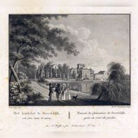 Gezicht vanuit het park op de gedeeltelijke achtergevel van het paleis Soestdijk te Baarn in 1820-1840. Bron: Het Utrechts Archief, catalogusnummer: 201907.