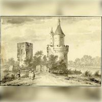 Gezicht op de ruïne van het kasteel Duurstede te Wijk bij Duurstede met rechts de Bourgondische toren in de periode 1740-1790. Bron: Het Utrechts Archief, catalogusnummer: 200200.