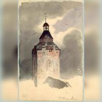 Gezicht op de toren van de Buurkerk te Utrecht uit het oosten. Naar een tekening van W.P. Hoevenaar in de periode 1830-1870. Bron: Het Utrechts Archief, catalogusnummer: 37410.
