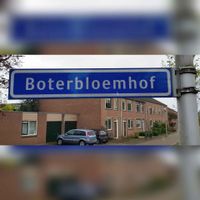 Straatnaambord Boterbloemhof met de hoek van de Herikhof op vrijdag 1 mei 2020. Foto: Sander van Scherpenzeel.