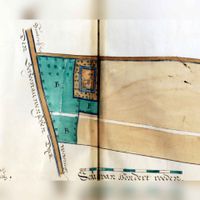 Fragment van de kaart uit het archief van de St. Stevensabdij van Oudwijk uit het jaar 1662 naar de hand van kaartenmaker Hugo Ruijsch waarop in het midden hofstede Schoneveld (abdij was destijds de bezitter van de hofstede) staat ingetekend. Links de Schalkwijkseweg (Parkhout) en boven de de Leedijkerhout (Leedijk). Bron: Het Utrechts Archief, 1005-1, 78, f.027.