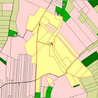 In geel gearceerd in de kadasterkaart van het jaar 1832 de gronden van boerderijen De Geer en Rijsbrug ten oosten van de Binnenweg en rondom de Kruisweg en de Lee- en Rietsloot. In het bezit van Hendrik Kamperdijk. Bron: HISGIS Utrecht.