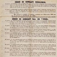 Affiche van het Hoogheemraadschap De Lekdijk Bovendams uit 1881 om diverse gronden en uiterwaarden te verkopen in Tull en 't Waal en Schalkwijk. Beschrijving van te verkopen percelen. Bron: RHC Rijnstreek en Lopikerwaard, H009.