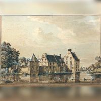 Gezicht op Kasteel Schalkwijk vanuit het zuiden rond 1750. Naar een echte tekening van Jan de Beijer. Bron: Huisarchief Wickenburgh, Wttewaall.
