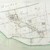 Kadasterkaart (fragment) van het dorp Honswijk in het jaar 1832. In 1841 zou hier Fort Honswijk gebouwd worden. Bron: RCE, beeldbank.