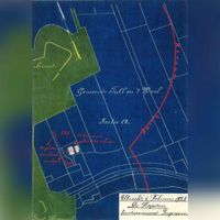 Fragment van een kaart in blauwdruk waarbij een nieuwe schuur ten oosten van boerderij De Stenen Kamer - Het Hoge Huis werd gerealiseerd in 1925 en tussen het Fort Honswijk enh de boerderij militaire beplanting werd aangebracht.