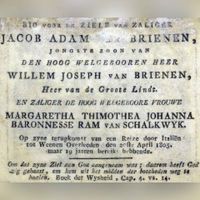 Bidprentjes van Margaretha Thimothea Johanna Ram van Schalkwijk en haar zoon Jacob Adam van Brienen, perkament, 1802, 1805. Etsen en een kopergravure. Achterkant. Bron: HUA, 92, 669.