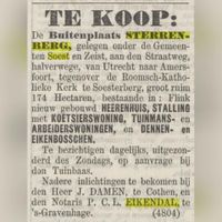 In de zomer 1889 wordt de BUITENPLAATS De Sterrenberg nog te koop aangeboden door familie Steenberghe - Bosch van Drakestein. Van echte verkoop is het nooit gekomen. Bron: Delpher.nl.