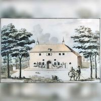 Huis Blasenburg ten oosten van de Blasenburgseweg en ten noorden van de Lekdijk op een prent uit 1730. Bron: Regionaal Archief Zuid-Utrecht (RAZU), 353.