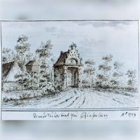De Steenen Poort tot het terrein van het huis Blasenburg in 1729 naar een tekening van A. Schoemaker en J. Stellingwerf in Honswijk. Bron: Regionaal Archief Zuid-Utrecht (RAZU), 033.