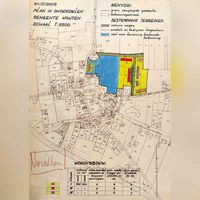Kaart waarop het uitbreidingsplan van de gemeente Houten met een toenmalig plan aan het eind van de jaren veertig is integekend. Bron: HUA, 1201.