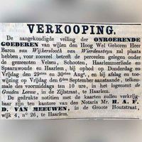 Verkoop van de onroerende goederen van F.J. baron de Wijkersloothb de Weerdesteyn op 29 augustus 1868 van de de goederen in de omgeving van Haarlem, Velsen, Schooten, Haarlemmerliede en Spaarnwoude. Ten overstaan van notaris H.A.F.D. van Meeuwen te Haarlem. Bron: Delpher.nl.