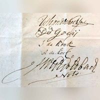 Akte verhuur van de hofstede Den Oord uit 1793 door Mr. IJsbrand de Kock aan Dirk de Goeij. Eind van akte met handtekening. Bron: RAZU.