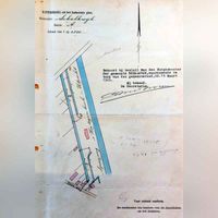 Besluit met bijbehorende kadasterkaart van de aan te kopen Spoorlaan van de Nederlandse Spoorwegen op 19 maart 1943 door de raad besloten voor een overnamen waarde van ƒ. 1-,. Bron: RAZU, 111.