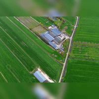 Luchtfoto gezien vanuit het zuidwesten op de boerderij aan de Achterdijk nr. 17 (middenboven) met links ernaast de Blokhovensedwarswetering in 2019. Foto: Slagboom en Peeters Luchtfotografie B.V..