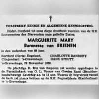 Overlijdensadvertentie Marguérite Mary baronesse van Brienen van de Groote Lindt uit 1939. Bron: wijkblad Benoordenhout april 2008.