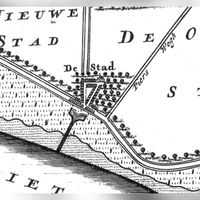 Dorp 'De Stad' Stad aan 't Haringvliet ingetekend in het kaartenboek van Voorne uit 1696. Bron: Bestemmingsplan Stad aan 't Haringvliet.