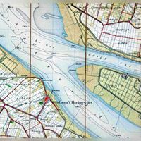 Kaart van omgeving Middelharnis met Stad aan 't Haringvliet en rechts op de kaart het eiland Tiengemeten. Bron: Regionaal Archief Dordrecht, beeldbank.