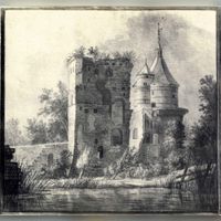 Gezicht op een gedeelte van de ruïne van het kasteel Duurstede te Wijk bij Duurstede, met rechts de Bourgondische toren in 1770-1790. Vervaardigd door M.L.M. d'Yvoy. Bron: Het Utrechts Archief, catalogusnummer: 107321.