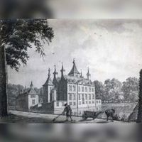 Gezicht uit het noordwesten op de achtergevel van het kasteel Renswoude te Renswoude met links een van de bouwhuizen aan het voorplein op dinsdag 23 september 1749. Vervaardig door Jan de Beijer. 