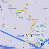 Kaart waarop de rivier de Kromme Rijn beginnend (linksonder) ten oosten van Wijk bij Duurstede stad aan de rivier de Lek, met een noordelijke bocht richting het noordwesten gaar om ten noorden van het dorp Cothen te gaan, richting Utrecht. Bron: Google Maps.