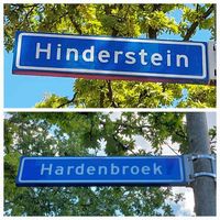 Straatnaamborden 'Hinderstein' en 'Hardenbroek' in de Amersfoortse wijk Schothorst in augustus 2023. Foto: Sander van Scherpenzeel.