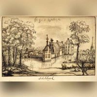 Gezicht op het omgrachte kasteel Schalkwijk te Schalkwijk uit het oosten, met linksachter het langgerekte dienstgebouw. Rechts is de toren van de Nederlands Hervormde kerk van Schalkwijk zichtbaar in 1660-1670. Bron: HUA, catalogusnummer: 135431.