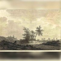 Gezicht op het landschap in de omgeving van 't Goy bij Houten. Misschien de Beusichemseweg als zandweg te zien in 1790-1810. Bron: Het Utrechts Archief, catalogusnummer: 206162.
