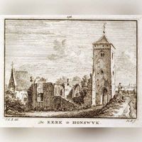 Ruïne van de kerk van Honswijk: Gravure door Hendrik Spilman naar een tekening van Jan de Beijer uit ca. 1750. Bron: Regionaal Archief Zuid-Utrecht (RAZU), 353.