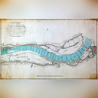 De Lek bij Culemborg en Honswijk, met de bandijken, buitenwaarden, kribwerken, zandplaten en de diepte der rivier, (ca. 1815). Bron: Het Gelders Archief, 0875, 139.