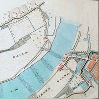 Detail van een kaart van de rivier de Lek en uiterwaarden met de stad Culemborg, de Steenwaard en het veerhuis Landlust, gelegen in Honswijk in ca. 1815. Bron: Het Gelders Archief, beeldbanl.
