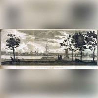 DE STAD CULEMBORG te zien van de Schalkwijkse zijde in 1753. Vervaardigd door Burg, D. van der; Philips Jacobsz. jr, Caspar. Bron: Het Gelders Archief, 1551, 3533.