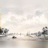 'd Rivier d Lek aen het Cuylenburgser Veer, 1754-1786. Niet te lokaliseren riviergezicht met een veerpont. De topografie komt niet overeen met dat van Culemborg. Waarschijnlijk is het een gefantaseerd riviergezicht. Bron: Het Gelders Archief, 1551 3542.