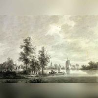 Gezicht over de Lek op het dorp Honswijk tussen 1790 en 1810. Bron: Het Utrechts Archief, catalogusnummer: 206240.
