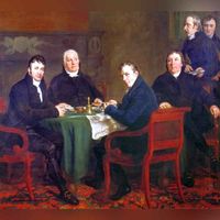 Portretgroep van Weesper burgemeesters in 1821. Met de tweede persoon van links Barend Peelen van Honswijk. Bron: Nederlands Instituut voor Kunstgeschiedenis, Den Haag.