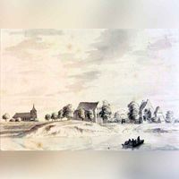 De Lek met het Beusichemse Veer bij Beusichem. Op de voorgrond rechts het veerbootje, op de achtergrond links de kerk vanuit het noorden gezien in 1728. Vervaardigd door Louis Philip Serrurier. Bron: Het Gelders Archief, 1551, 3512.