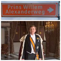 Straatnaambord 'Prins Willem-Alexanderweg'in de oude buurt De Vlier van Houten, onderaan het portret van de koning Willem-Alexander. Foto: Sander van Scherpenzeel / Wikimedia Commons.