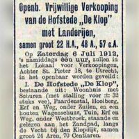 Advertentie over de verkoop van 'Hofstede De Klop' die in vele landelijke dagbladen stond dat de landerijen en de hofstede door melkfabrikant Van der Lee verkocht zouden gaan worden aan familie Voorwinden. Bron: Delpher.nl.