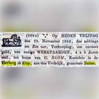 Op vrijdag 22 november 1850 werden in herberg De Klop werkpaarden aangeboden van 4 a 5 jaar oud. Bron: Delpher.nl.