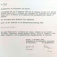 Fragment van de brief van de gemeente Houten namens het college van burgemeester en wethouders van 5 december 1989 aan de bewoner van boerderij Den Oord met de mededeling dat er geen bezwaar is binnengekomen op om de boerderij op de Gemeentelijke Monumentenlijst te plaatsen. Bron: RAZU, 005.