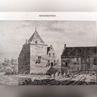Foto van de tekening door H. de Winter uit 1740 van het huis Hindersteyn te Langbroek. BronL: HUA, 1010, 6329.