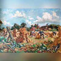 Schilderij met erop veldwerkers bezig met het binnenhalen van de tarwe-oogst net buiten het dorp Bunnik. Schilder: Johan de Kruijff. Bron: RAZU, depot.