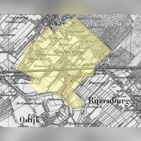 Kaart in geel gearceerd de gronden tot 1813 behorend bij de heerlijkheid Stoetwegen, ten zuiden van de plaats Zeist enten noorden van het dorp Odijk. gebaseerd op de kadasterkaart van 1832, geprojecteerd op een militaire kaart van ca. 1850. Bron: HISGIS Utrecht.