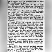 Woensdag 8 maart 1939 vond ten overstaande van de Houtense notaris A. L Buurma de verkoop plaats van 55. ha. land, eens behorend bij het landgoed Wickenburgh, verkoper de heer Frans Wttewaall verkocht zijn vast- en onroerend goed omdat de kosten veel te hoog waren van het onderhoud en bezit, verkoopperceel de op f. 8.000,- op f. 475, gemijnd door de heer M. van Haren, in 't Goy. Zesde comb. Perc. VIII t.m. XII en XIII t.m. XV, staande op f. 43.500, op f. 70,- gemijnd door de heren F. S. van Dort en J. Knippers, 't Goy. Zevende comb. Perc. XVI en XVII, staande op f. 7.800,- op f. 200,- gemijnd door den heer H. J. Sturkenboom Czn., alhier. Achtste comb. VIII t.m. XVII, staande op f. 51.570,- op f. 2.000,- gemijnd door de heer R. Lijsten te Arnhem voor de Ned. Heidemaatschappij. Perceel XVIII, De hofstede ,,Kortland'' tegenover Wickenburgh, bewoond door Me. wed. M. van Bemmel, bestaande uit bouwmanswoning, amdere gebouwen, erf, boomgaard, ingezet op f. 6.000,- de heer A. Goes alhier, niet gemijnd. Perc. XIX. Een perceel moestuin, met broeikas, enz.., ingezet op f. 1.200,- door de heer C. van Dort in 't Goy op f. 25 gemijnd door de heer D. Bouwman alhier. Perc. XX. Een perceel weiland voor ,,Wickenburgh'', ingezet op d. 7.200,- door de heer A. Goes, alhier niet gemijnd, alhier (niet gemijnd). Perc. XXI. een perceel weiland, gelegen voor Wickenburgh groot 1.51.50 H.A. ingezet op f. 4.500,- door de F. S. van Dort ion 't Goy. Niet gemijnd. Bron: RAZU, krantenbank.