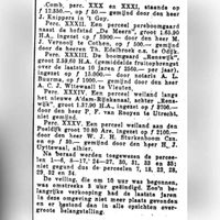 Woensdag 8 maart 1939 vond ten overstaande van de Houtense notaris A. L Buurma de verkoop plaats van 55. ha. land, eens behorend bij het landgoed Wickenburgh, verkoper de heer Frans Wttewaall verkocht zijn vast- en onroerend goed omdat de kosten veel te hoog waren van het onderhoud en bezit, verkoopperceel Comb. perc. XXX en XXXI, staande op f. 12.350,- - op f. 50,- gemijnd door de heer J. Knippers in 't Goy. Perc. XXXII. Een perceel perenboomgaard naast de hofstad ,, De Meern'', ingezet op f. 5.900,- door de heer M. J. Vernooij te Cothen op f. 5.00,-, gemijnd door de heren Th. Edelbroek e.a. te Odijk. Perc. XXXIII. De boomgaard ,,Renswijk'' 2.59.60 H.A. (gemiddelde fruitopbrengst) over de laatste 10 jaren f. 2.560,- per jaar. ingezet op f. 15.000,- door notaris A. L. Buurma op f. op f. 1.000,- gemijnd door de heer A. C. J. Wttewaall uit Vleuten. Perc. XXXIV. Een perceel weiland langs Amsterdam Rijnkanaal, achter ,,Renswijk'' groot 1.37.90 H.A. ingezet op f. 3.700,- door de heer P.F. van Rooijen te Utrecht, niet gemijnd. Perc. XXXV. Een perceel weiland aan de Poeldijk groot 70.80 Are, ingezet op f. 2.100,- door de heer W. J. H. Sturkenboom Czn. en op f. 30,- - gemijnd door de heer H. J. Uytewaal, alhier. Na beraad werden toewezen de percelen 1-6, 8-17, 24-27, 30, 31, 33, en 35 niet gegund dus de percelen 7, 18, 23, 28, 29, 32 en 34. De veiling, die om 10 uur was begonnen was omstreeks 3 uur geëindigd. Zo'n belangrijke verkoping had de laatste jaren in deze omgeving niet meer plaatsgevonden en er bestond dan in alle opzichten overgrote belangstelling. Bron: RAZU, krantenbank.